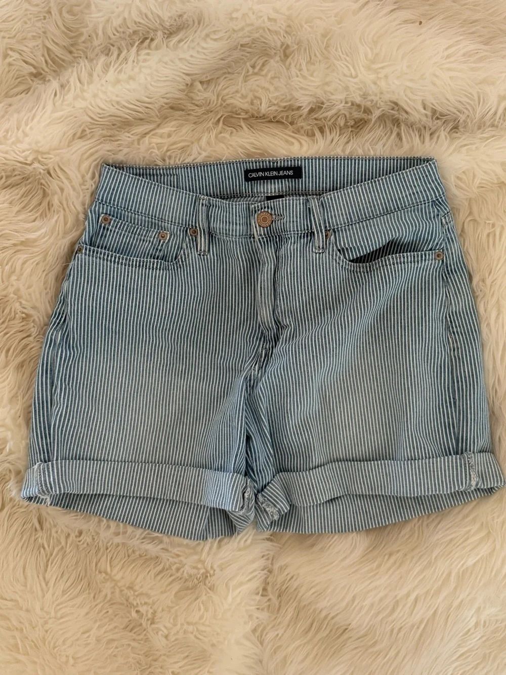 Calvin Klein Light Blue Striped Denim Roll-Hem Shorts